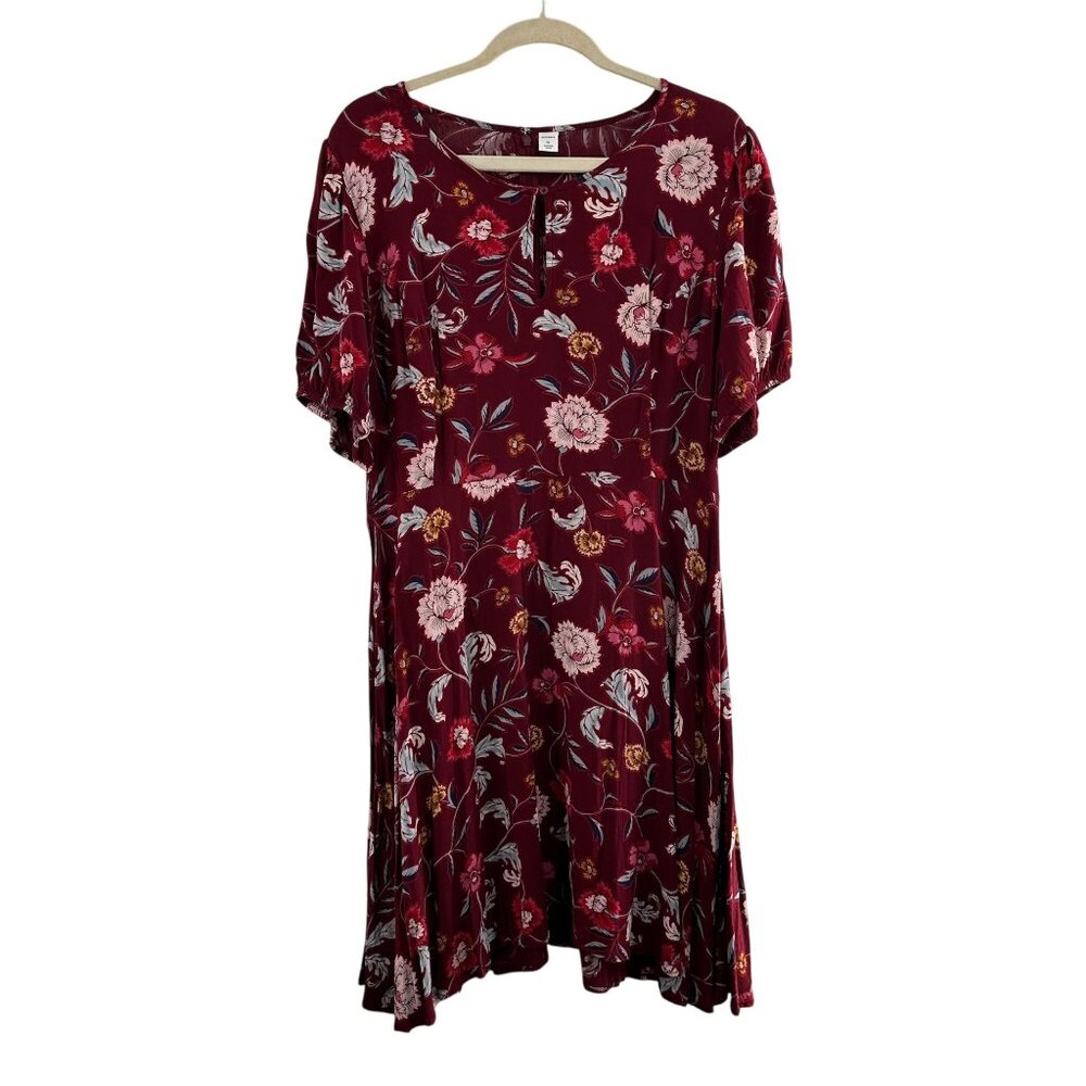 Old Navy Burgundy Floral Short-Sleeve Mini‎ Dress XL Rayon Smocked Boho Cottage